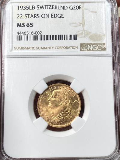 万国钱币拍卖第057期（万国冬季大拍） - NGC MS65 1935年年瑞士女神20法郎金币 丝滑金光收藏级 6.45G 900金