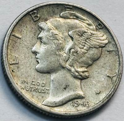 文馨钱币收藏第 285 场，【 长期接收代拍品】银币，评级币，散币场 - 带光美品 1943 年美国 10 美分银币 900 高银