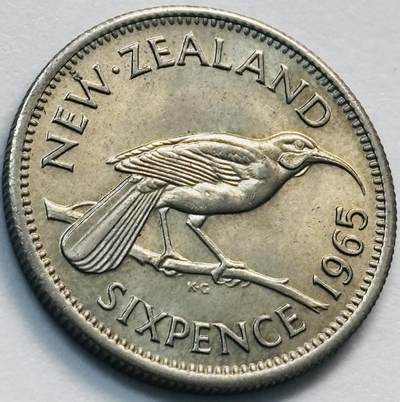 文馨钱币收藏第 285 场，【 长期接收代拍品】银币，评级币，散币场 - 原光品相 1965 年英属新西兰 6 便士