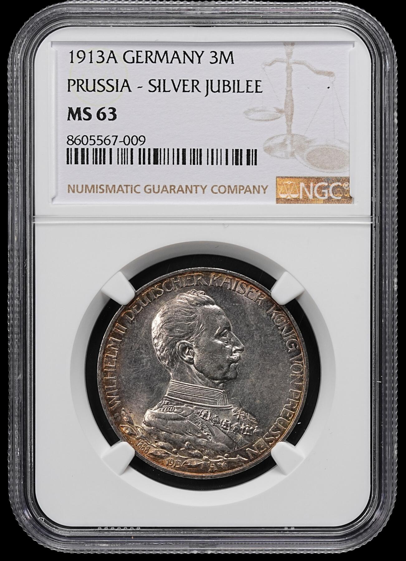 修遠堂世界钱币第九十七期 NGC MS63 1913年普鲁士威廉二世登基25周年纪念3马克银币