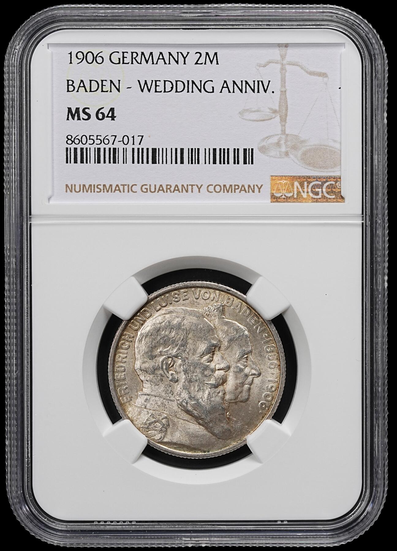 修遠堂世界钱币第九十七期 NGC MS64 1906年巴登国王金婚纪念2马克银币