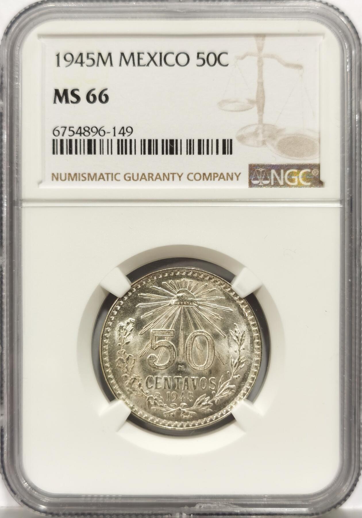 博洋堂世界钱币拍卖第151期（全场包邮） NGC MS66 墨西哥1945年50分鹰洋银币，高分难得-1