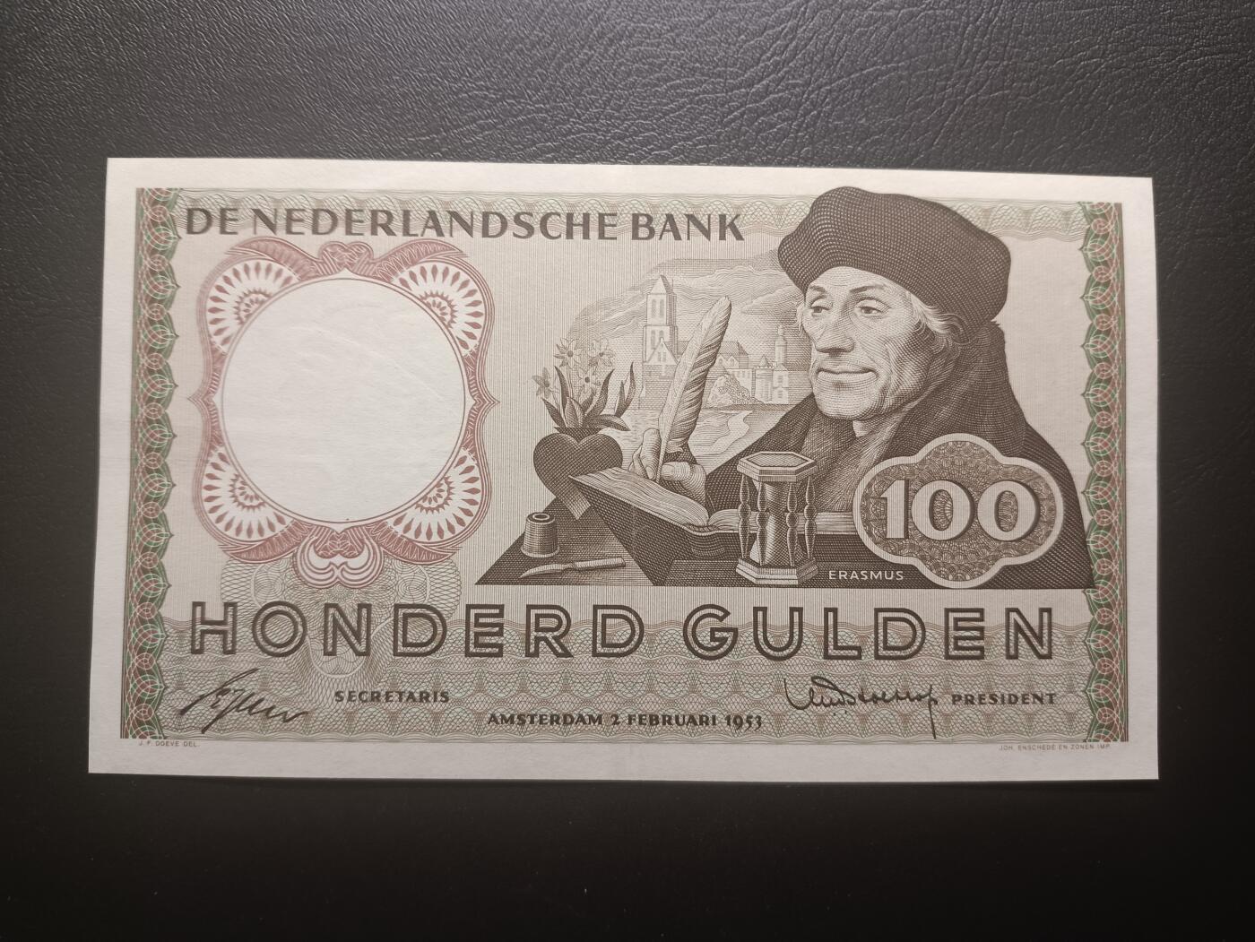 2025十二月第三期，总208期 荷兰1953版100盾AUNC，哲学家伊拉斯谟