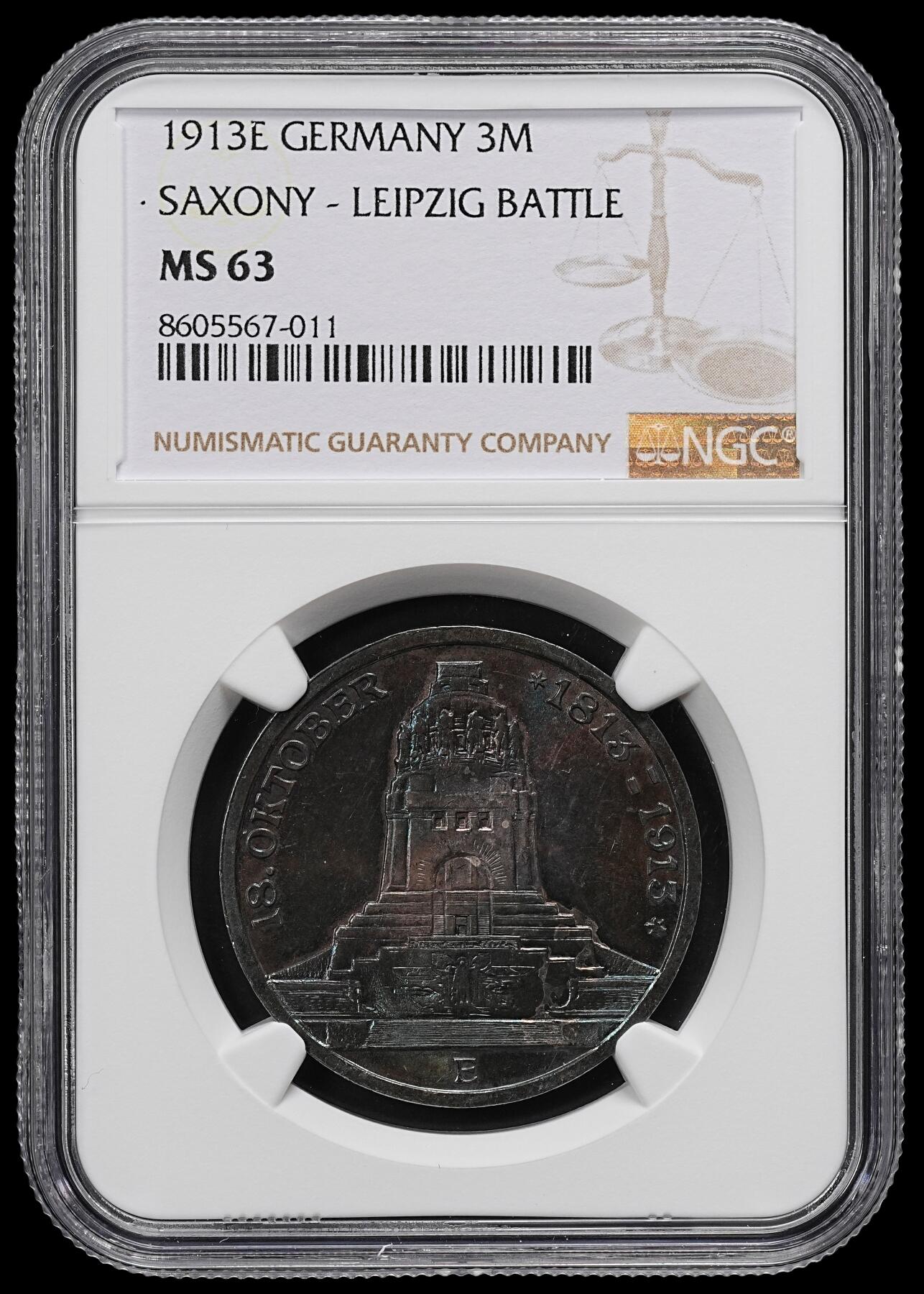 修遠堂世界钱币第九十七期 NGC MS63 1913年萨克森-莱比锡战役百年纪念3马克银币 极品幻彩