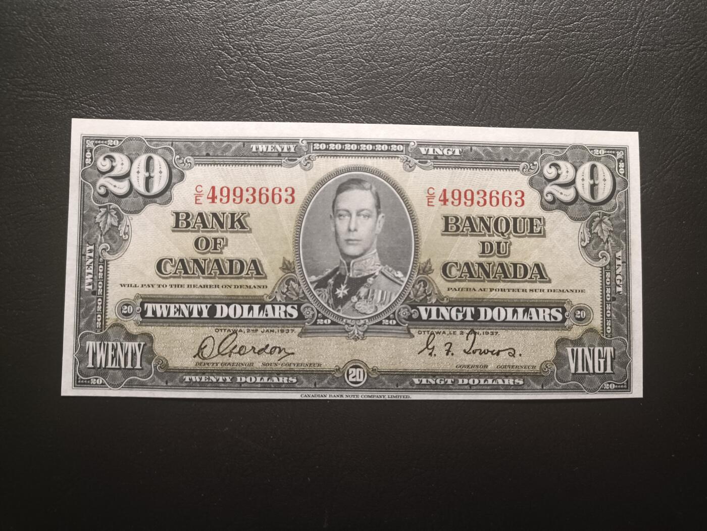 2025十二月第三期，总208期 加拿大1937版20元AUNC，乔治六世国王和农神，稀有中高面值品种