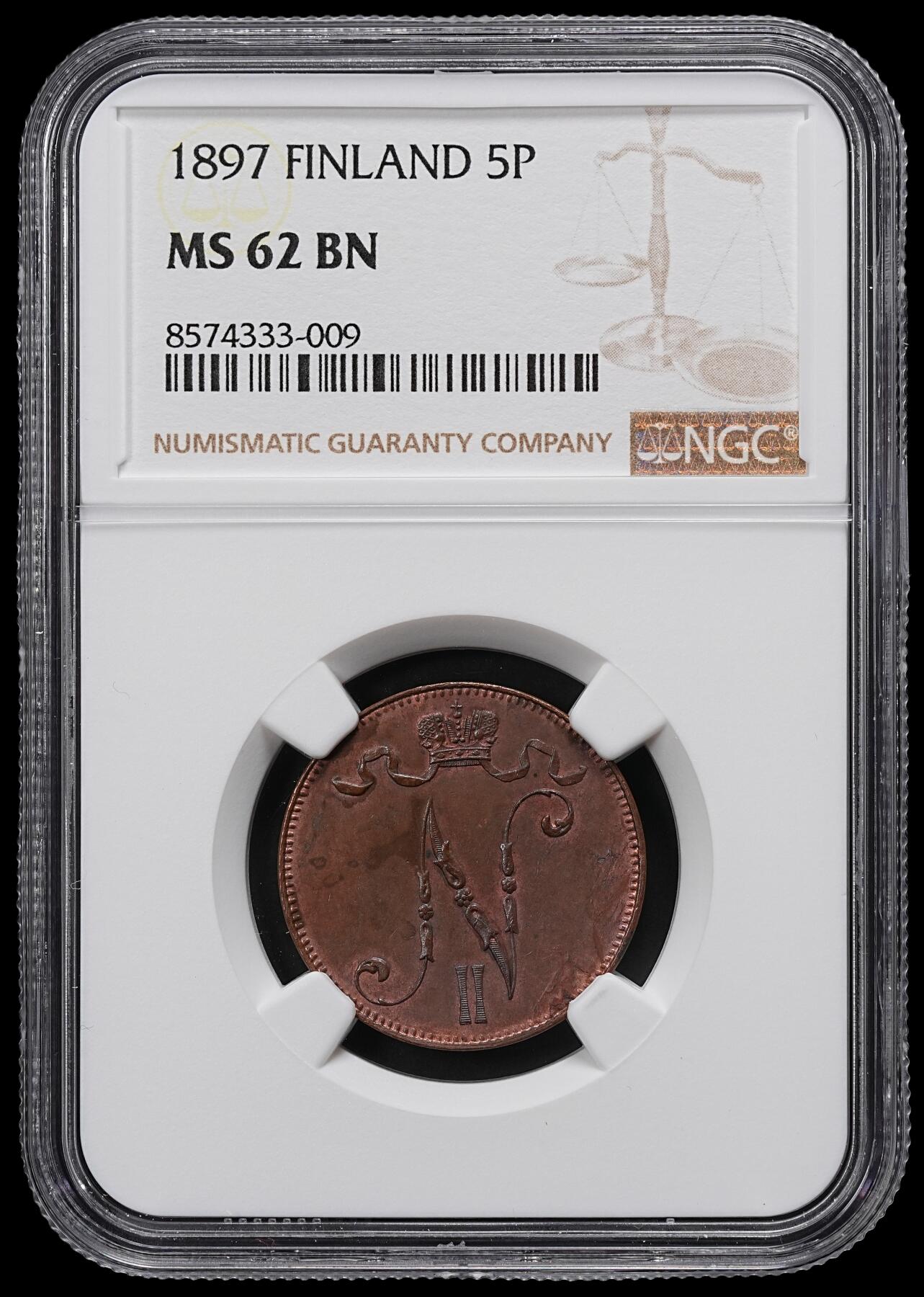 修遠堂世界钱币第九十七期 NGC MS62BN 1897年芬兰5盆尼铜币 较少见年份