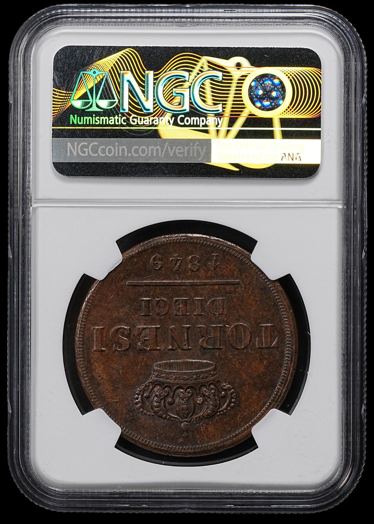 修遠堂世界钱币第九十七期 NGC MS62BN 1849年那不勒斯和西西里王国10 TORNESI大铜币 重31.18g