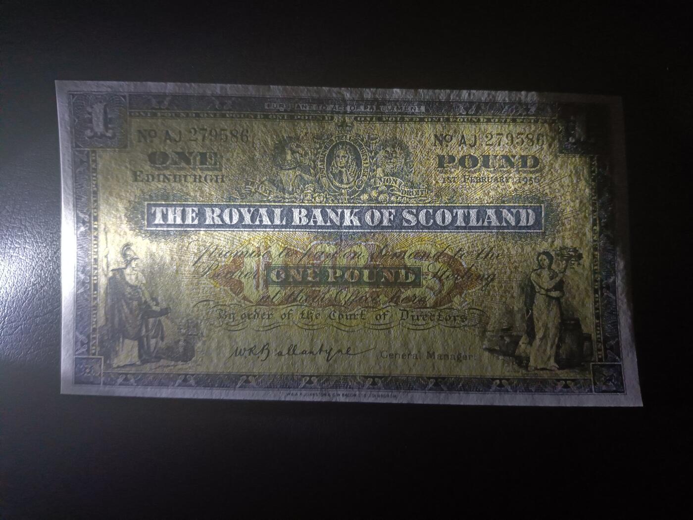 2025十二月第三期，总208期 苏格兰皇家银行1956年AUNC，不列颠女神和拿花女神/爱丁堡和格拉斯哥的分行，早期大票幅版本