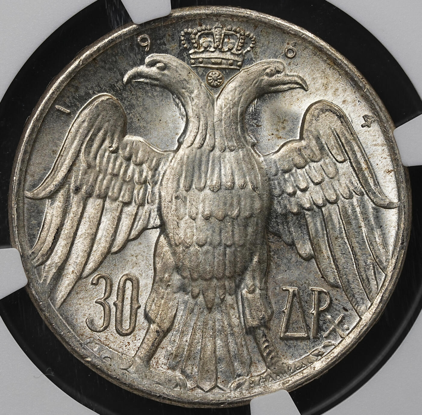 修遠堂世界钱币第九十七期 NGC MS66 1964年希腊国王大婚纪念30德拉克马银币 背微逆