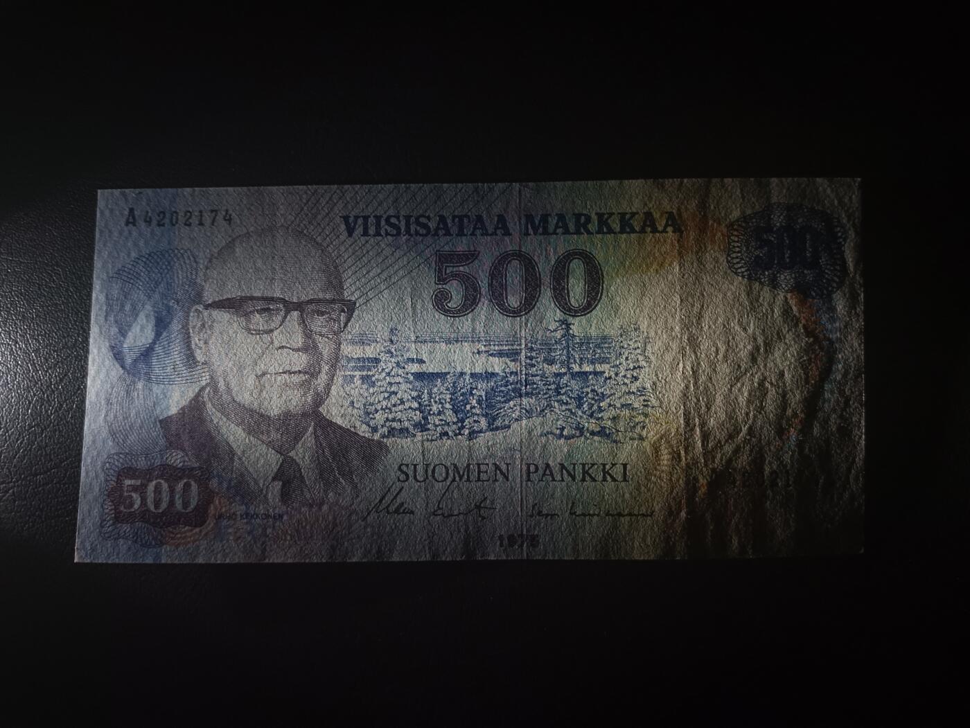 2025十二月第三期，总208期 芬兰1975版500马克AUNC首冠A，作为小国在大国之间优雅回旋的教科书级政客乌尔霍.吉克宁，稀有高面值品种
