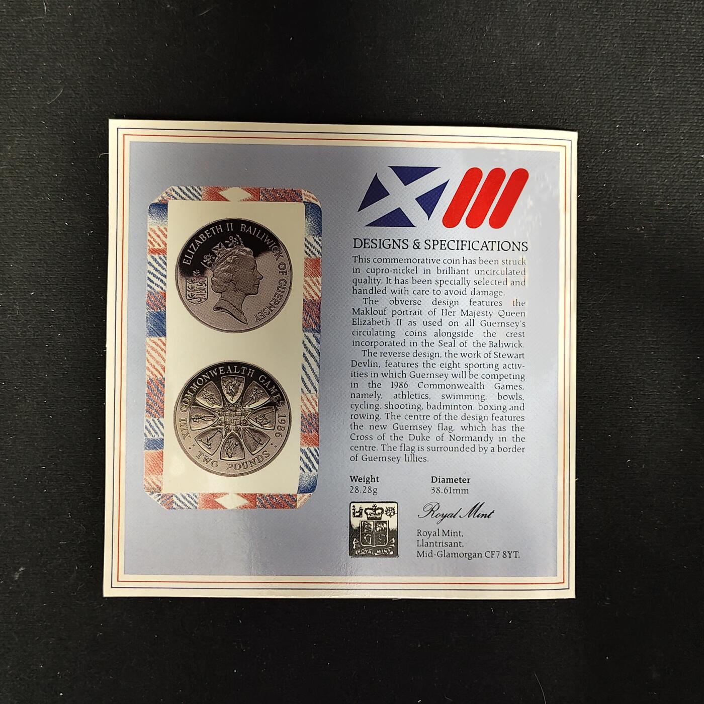 【全场包邮】纯粹捡漏拍485场（免费代拍第22场） 根西1986年2镑爱丁堡英联邦运动会官方卡装克朗型纪念币