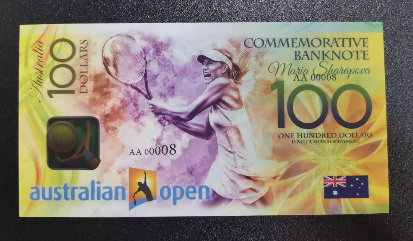 《艾美收藏》第224期-12.14周日外币超白金场 莎拉波娃2023年澳网纪念钞AA冠100元UNC超靓00008号 左下角极轻微压痕