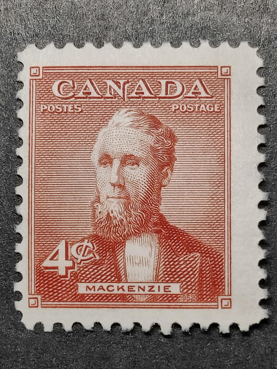 洪涛臻品批发群 精选邮票限时拍卖第1194期  加拿大1952年 建筑承包商出身的加拿大第二任总理亚历山大·麦肯齐 新票, 精美雕刻版, 原胶完美润亮 相当难得的品相, 漂亮！ 【作为加拿大国父约翰·亚历山大·麦克唐纳的政治对手而闻名,他为人诚实的无懈可击,而且笃信宗教,但饱受同僚出卖和对手的攻击】