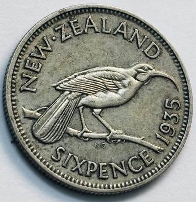 文馨钱币收藏第 285 场，【 长期接收代拍品】银币，评级币，散币场 - 1935 年英属新西兰乔治五世  6 便士银币，500 银