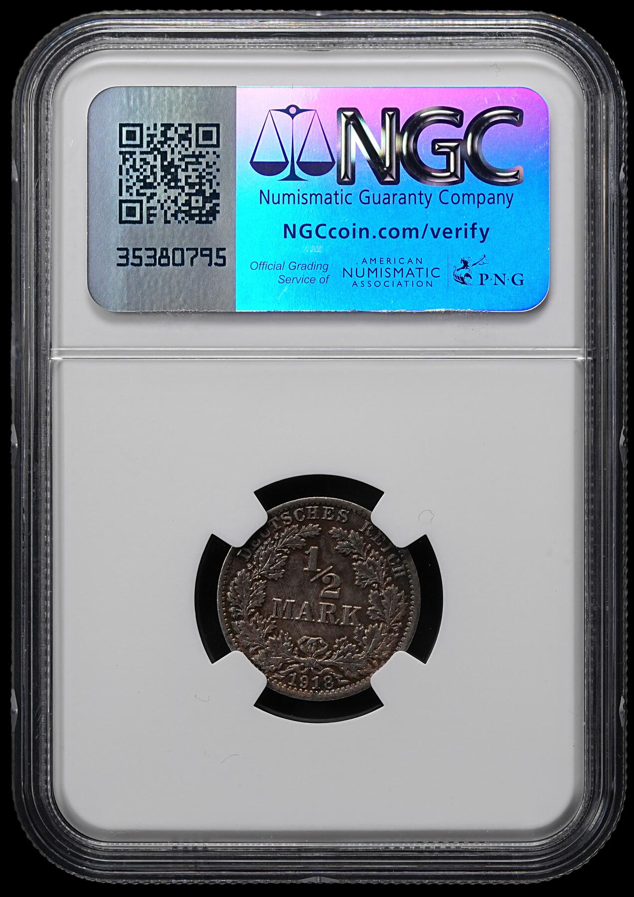 修遠堂世界钱币第九十七期 NGC MS65 1918年德国1/2马克银币 A厂铭 黑彩