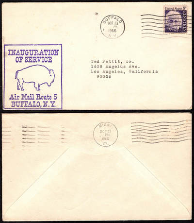 洪涛臻品批发群 精选邮票限时拍卖第1198期  - 1966.10.30纽约水牛城寄加州实寄封,贴爱因斯坦票,盖第5条航空邮路开通,纽约水牛城,水牛图.很好的航空与牛专题素材50
