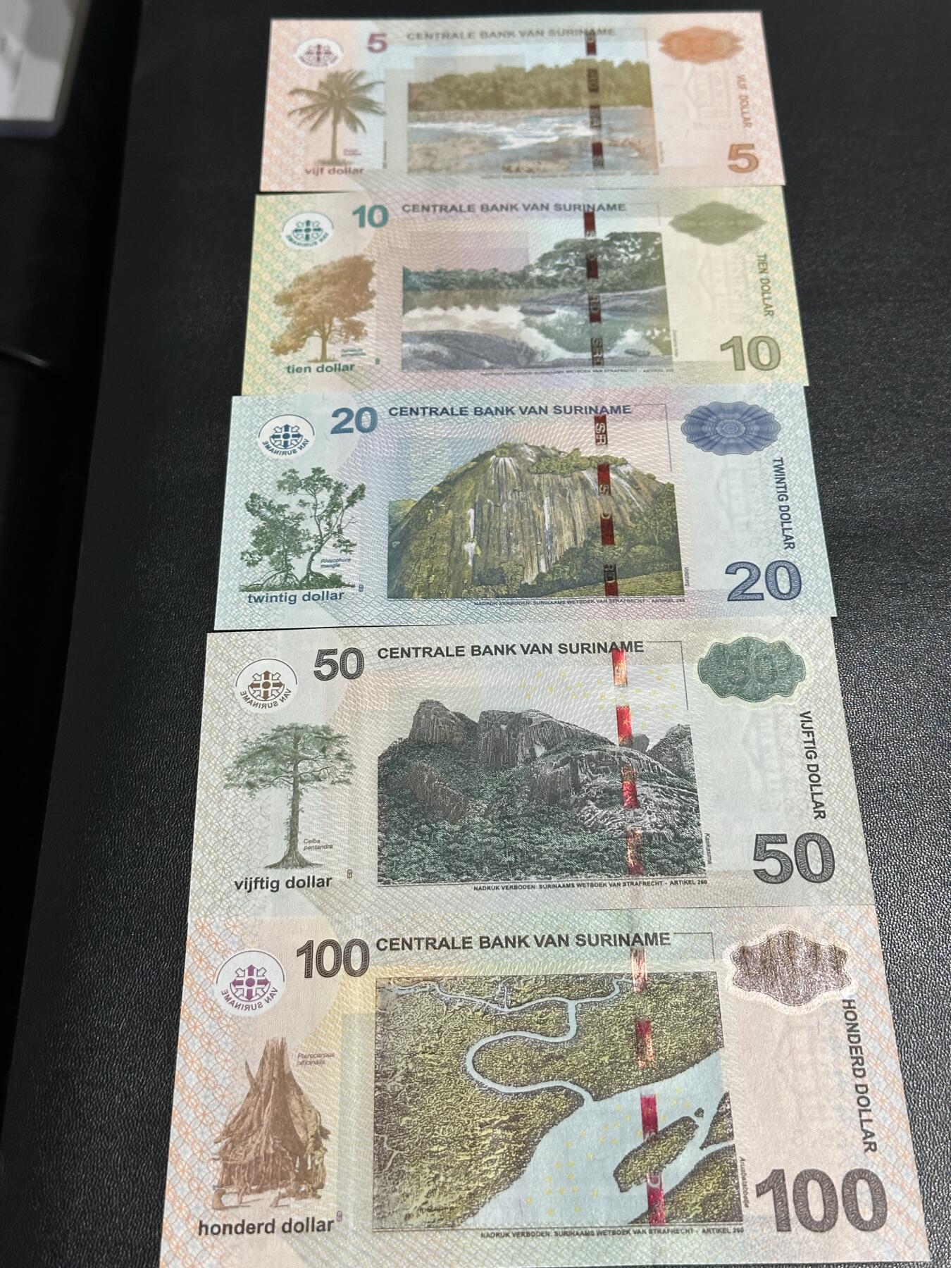 《外钞收藏家》第五百九十三期（精品场）（本平台长期征集拍品、欢迎藏友们联系合作） 苏里南5-100面额 五张一起 全新UNC