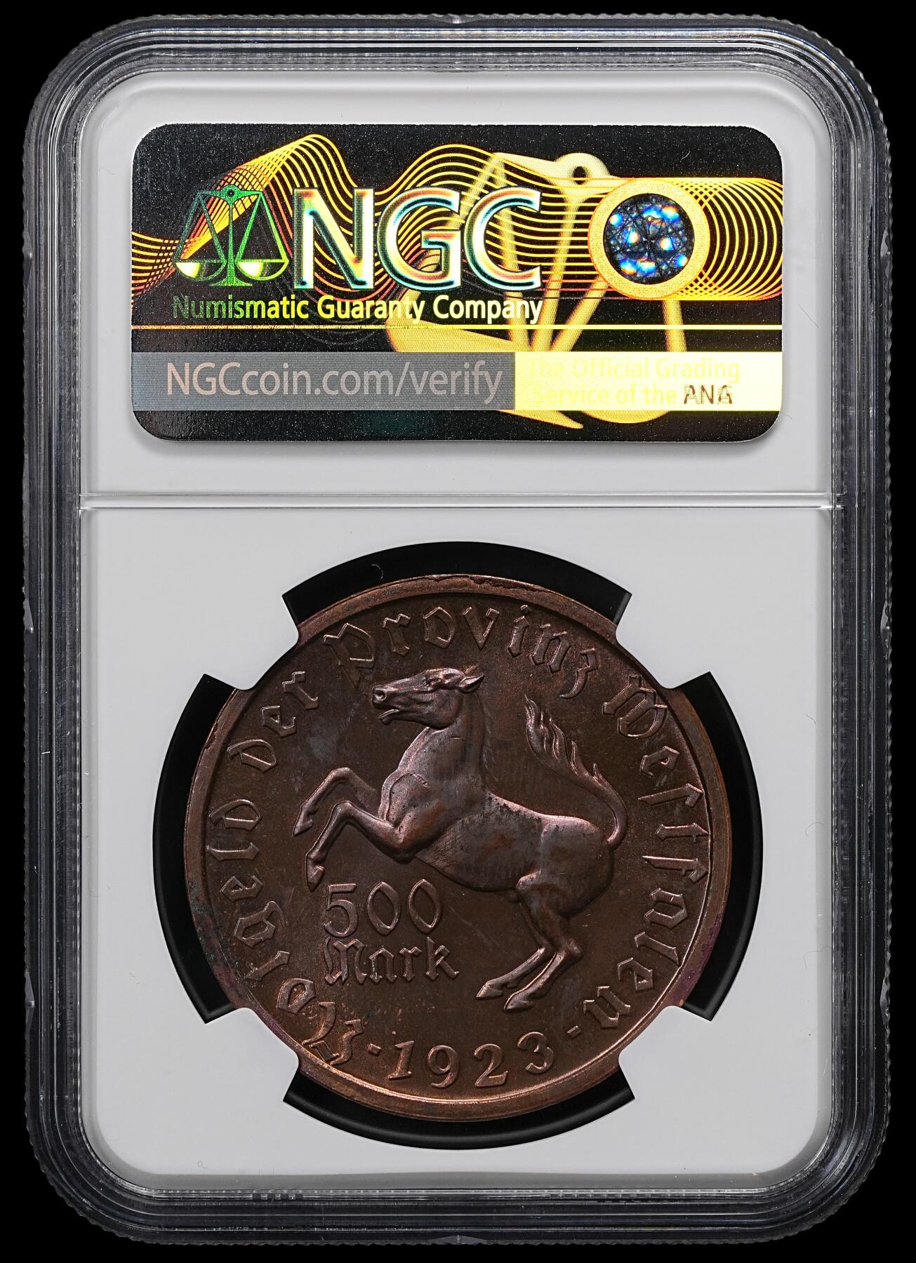 修遠堂世界钱币第九十七期 NGC MS62BN 1923年德国紧急时期威斯特法伦500马克铜马币 女人头