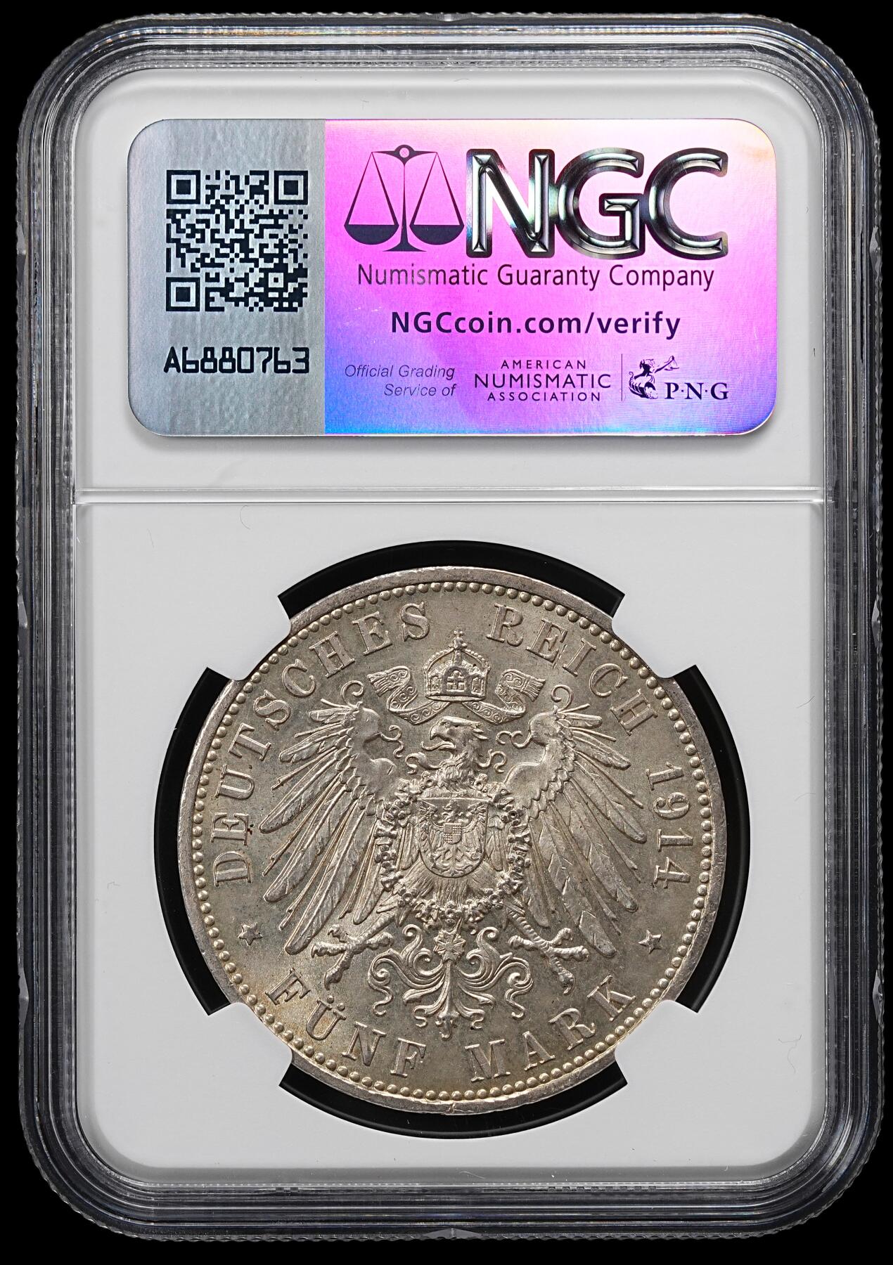修遠堂世界钱币第九十七期 NGC MS63 1914年普鲁士威廉二世军装5马克大银币 流通版马克MS少见 MS63书价400美金