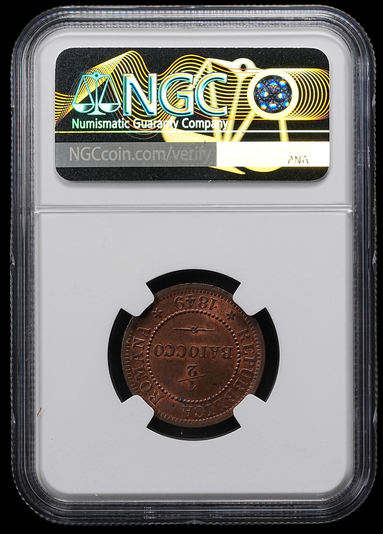 修遠堂世界钱币第九十七期 NGC MS64RB 1849年罗马共和国1/2 BAIOCCHI铜币 稀少品种 亚军分