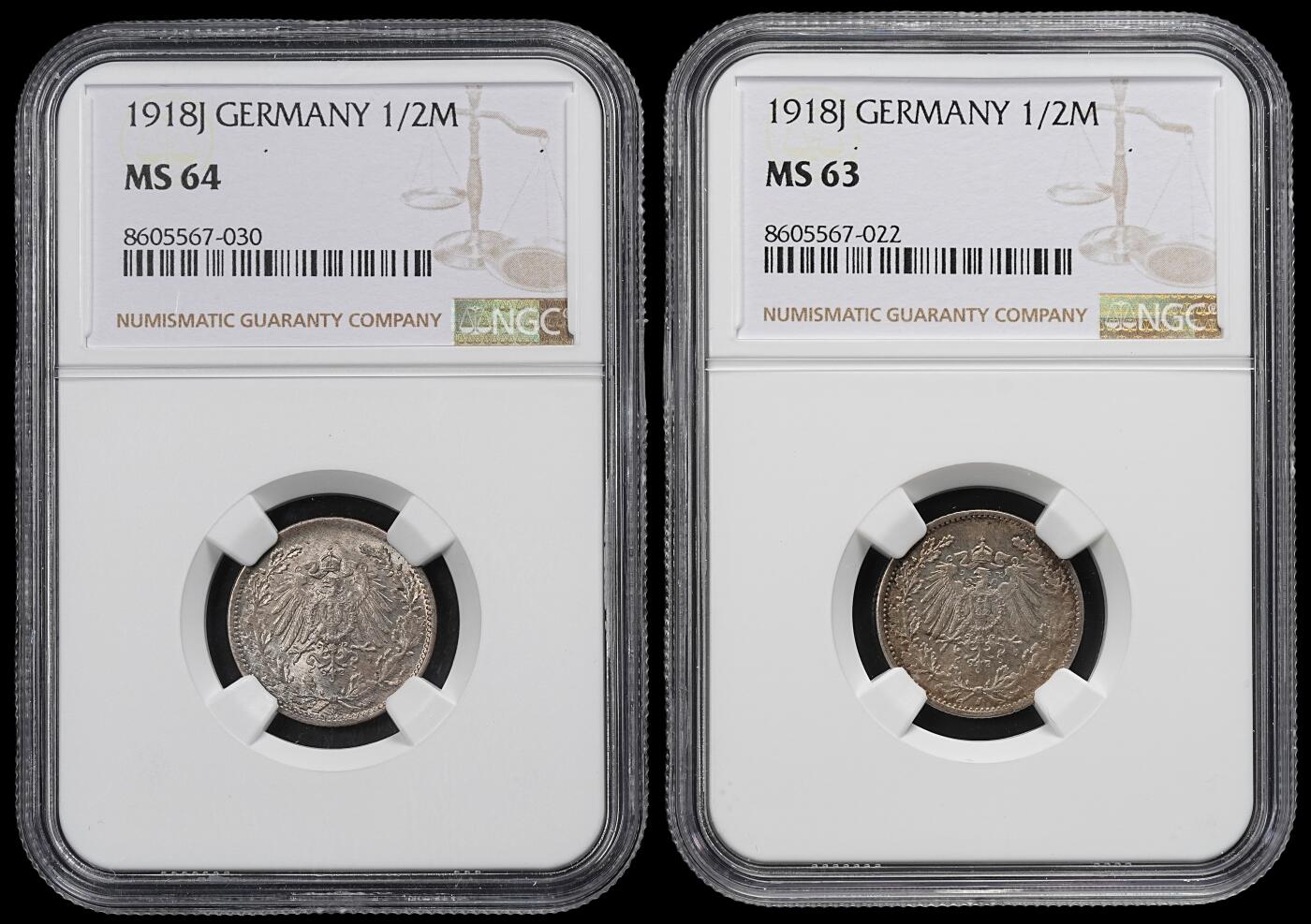 修遠堂世界钱币第九十七期 NGC评级 德国1/2马克银币两枚