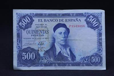 【淘币小摊】限时拍第八百二十八拍  纸币场  满百包邮可预留两周  周一统一发货  -   西班牙1954年500比赛塔纸币【有折】