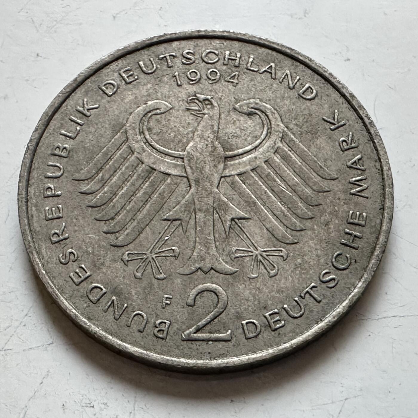 🌹外币初藏🌹🐯2025年第140场  每周二四六晚8️⃣点 接代拍 德国1994年F版 2马克 德国前总理勃兰特 华沙一跪获诺贝尔和平奖