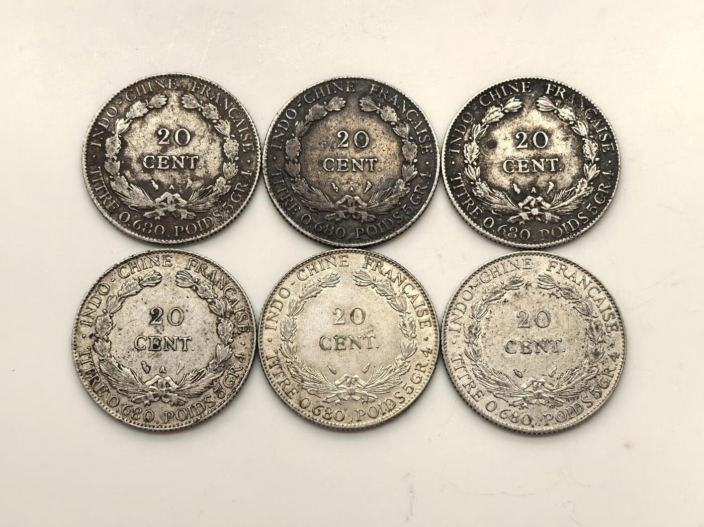 博洋堂世界钱币拍卖第151期（全场包邮） 法属印支坐洋二角银币一组6枚，均为原光原味好品