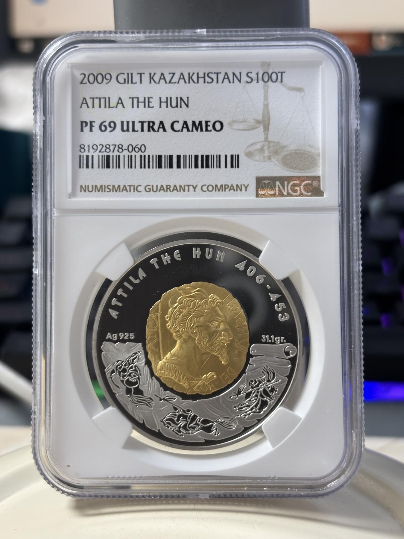 第184期拍卖 获奖哈萨克斯坦2009年匈奴王阿提拉银币NGC-PF69无盒无证书，925银镀金，发行13000枚，2010年硬币之星世界纪念币大赛 年度最佳硬币大奖 第3名；2011年度世界硬币大奖“最佳历史意义币”