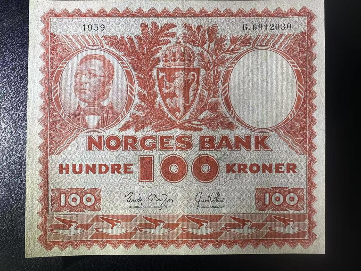 【Blue Auction】世界纸币精拍第761期——18级TOP拍卖/信誉/品质/专业/高效💫 【无47】挪威 1959年100克朗 大方块 AU