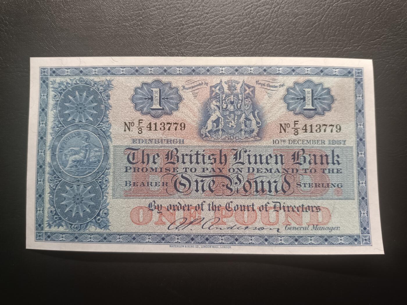 2025十二月第三期，总208期 苏格兰不列颠亚麻银行1957年1镑UNC微潮，不列颠尼亚女神，早期大票幅版本，稀有品种
