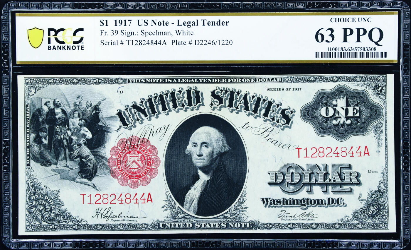 【Blue Auction】世界纸币精拍第761期——18级TOP拍卖/信誉/品质/专业/高效💫   【末签较少见】美国 1917年1美金 大票幅 双面雕刻精美绿钞 征服者登陆 华盛顿头像 PCGS63EPQ全新原票