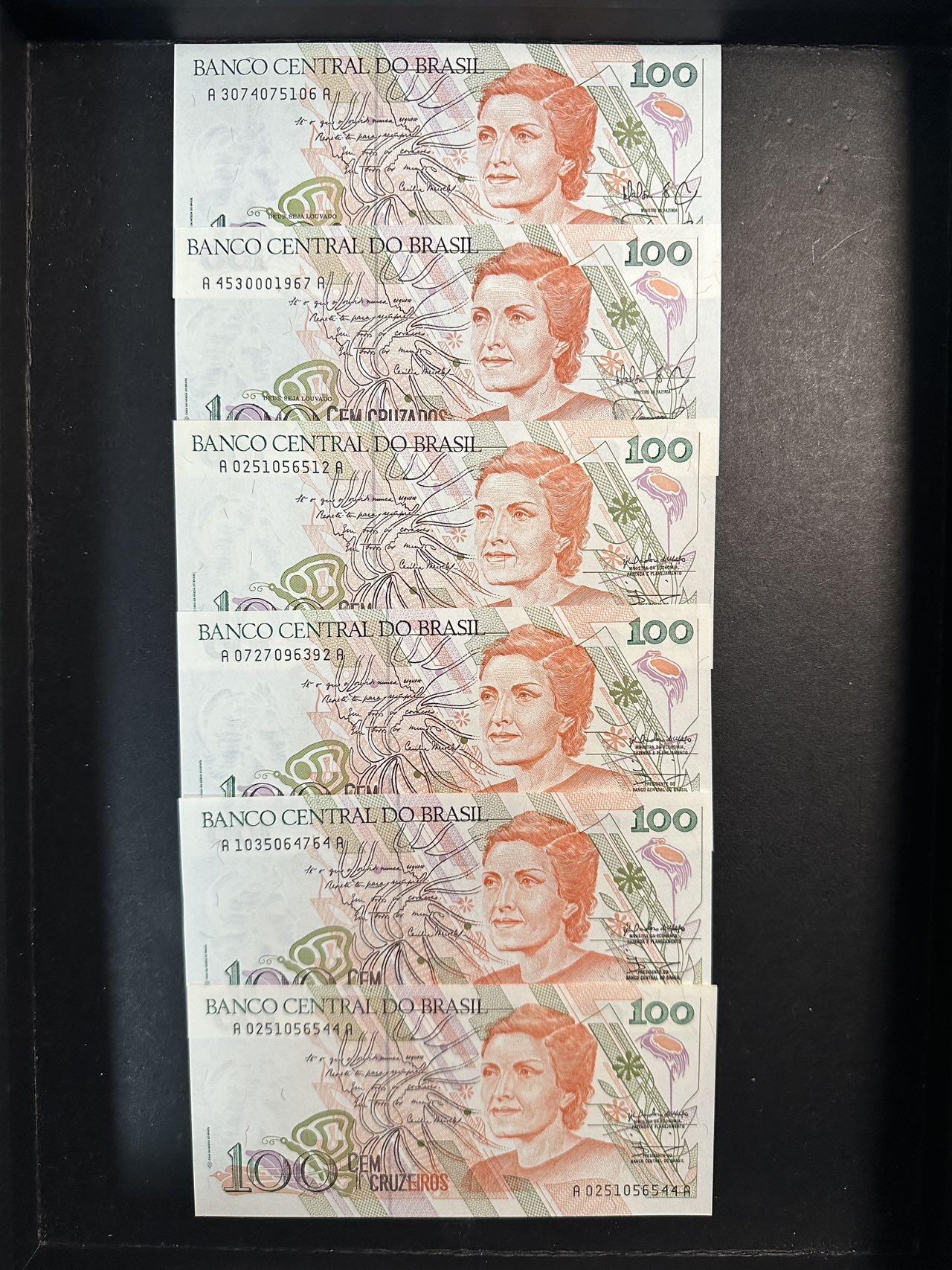 蒂克钱币-第51场 外国平价纸币最后一场 巴西1989-1990年版100克鲁塞罗纸币 6枚 全新UNC