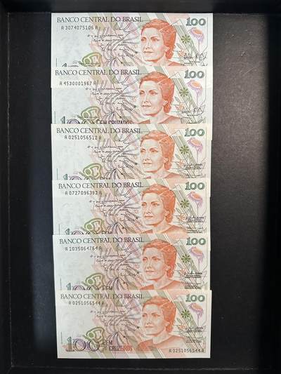 蒂克钱币-第51场 外国平价纸币最后一场 - 巴西1989-1990年版100克鲁塞罗纸币 6枚 全新UNC