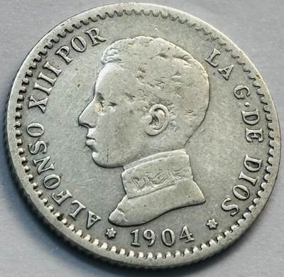 文馨钱币收藏第 285 场，【 长期接收代拍品】银币，评级币，散币场 - 少见 1904 年西班牙阿方索十三世戎装版 50 分银币，首发版独年份 835 高银