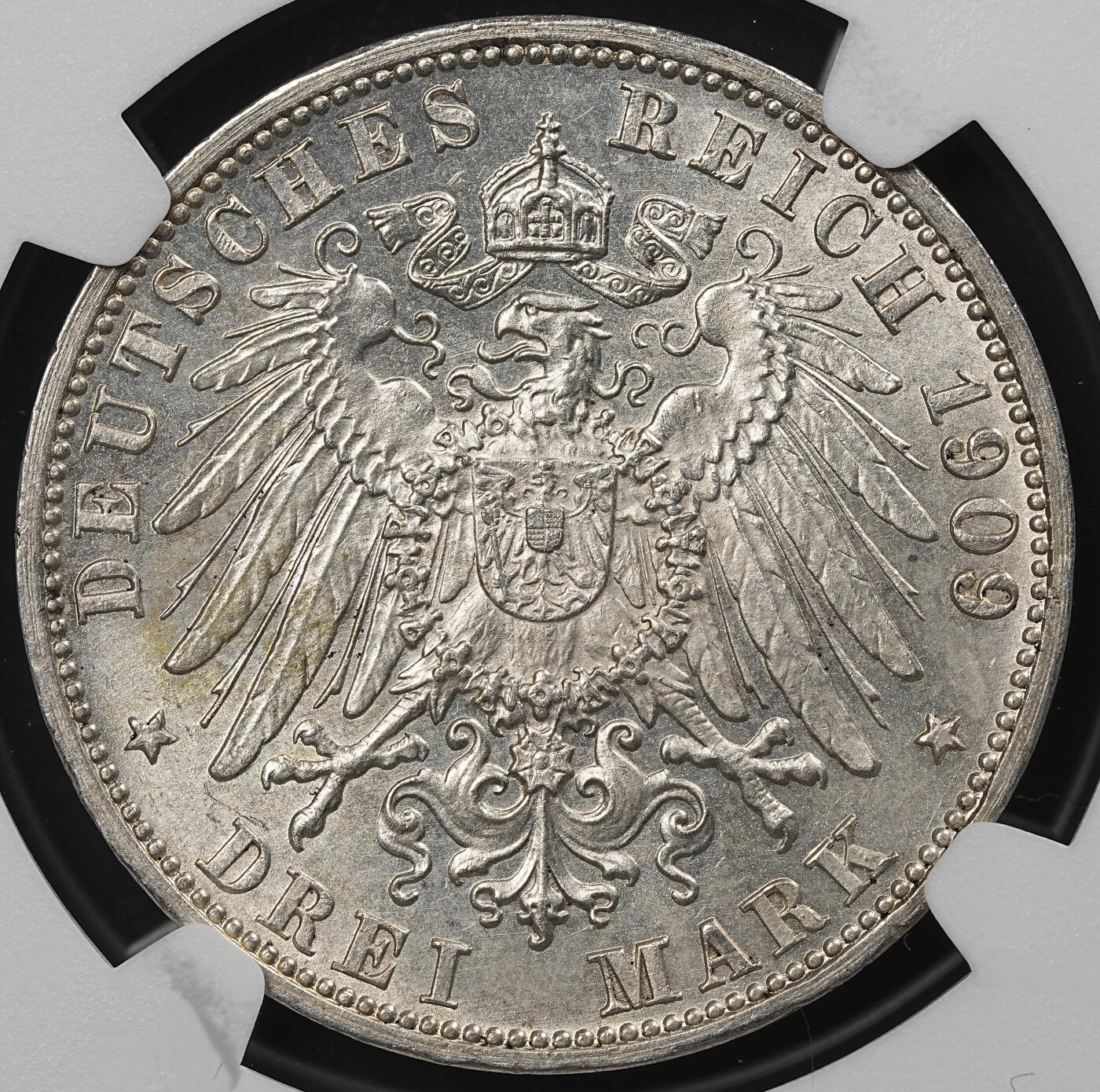 修遠堂世界钱币第九十七期 NGC MS62 1909年巴登3马克银币