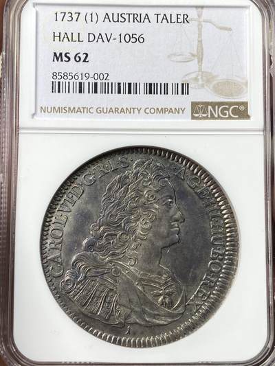 万国钱币拍卖第057期（万国冬季大拍） - NGC MS62 1737年神圣罗马帝国查理六世双头鹰大泰勒 原味七彩祥云包浆深打底光充沛 NGC一共6枚有分记录 此枚为亚军 更高分仅一枚