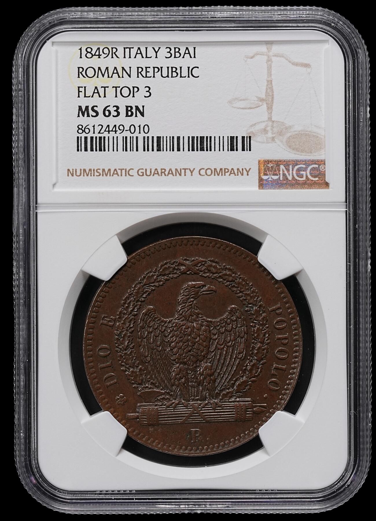 修遠堂世界钱币第九十七期 NGC MS63BN 1849年罗马共和国3 BAIOCCHI大铜币 稀少品种 