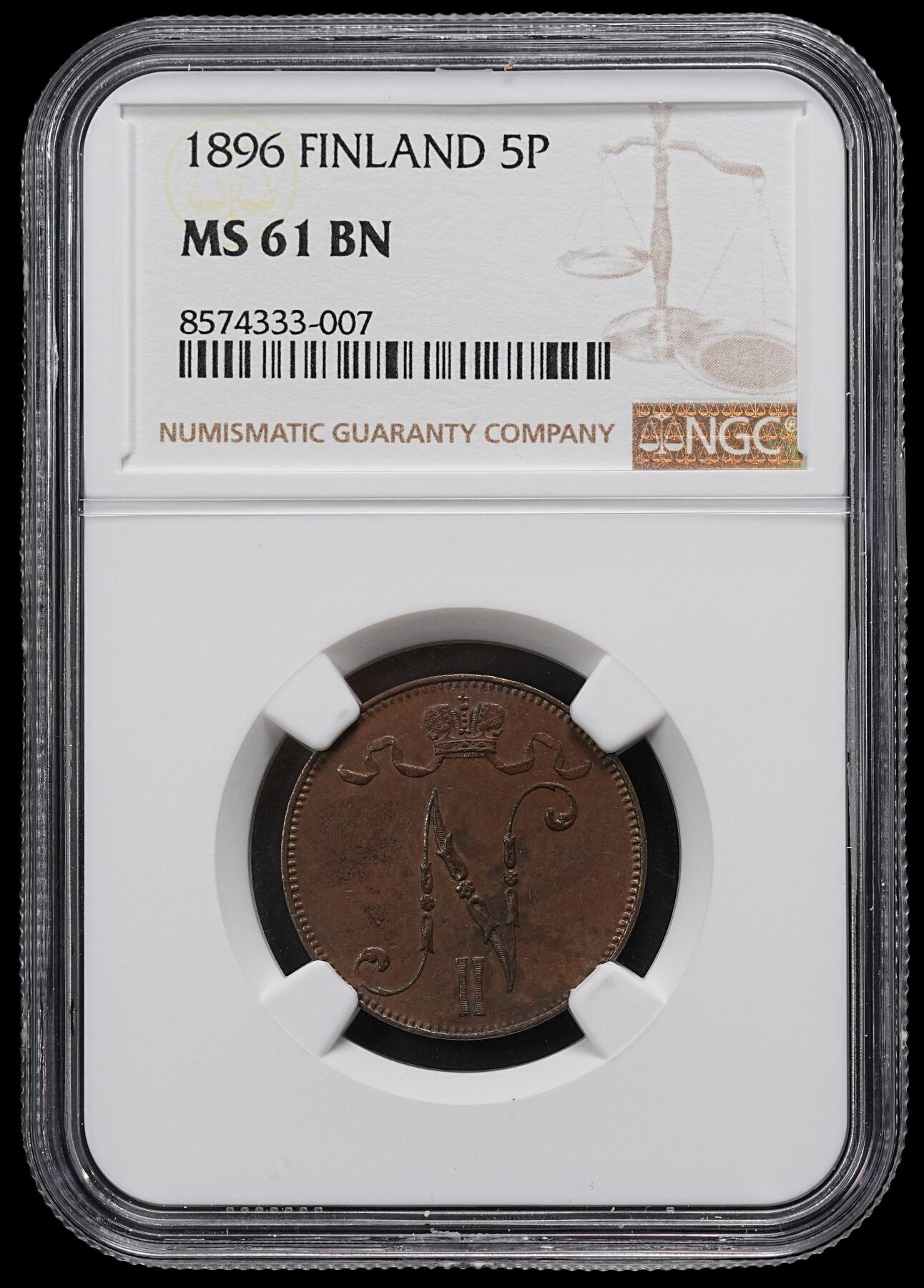修遠堂世界钱币第九十七期 NGC MS61BN 1896年芬兰5盆尼铜币 特年 书价高