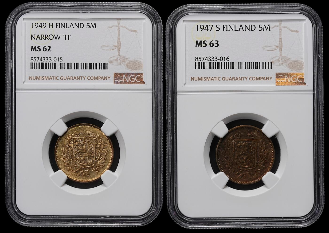 修遠堂世界钱币第九十七期 NGC评级 芬兰5马克两枚