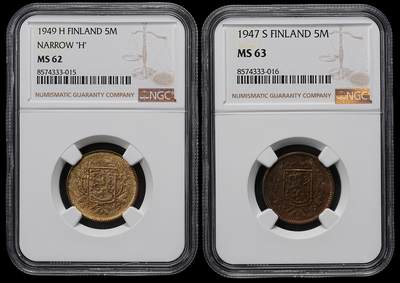 修遠堂世界钱币第九十七期 - NGC评级 芬兰5马克两枚