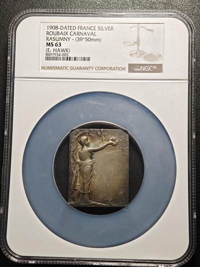 【德藏】世界币章拍卖第157期（拍品征集中~欢迎藏友联系） - 1908年 法国鲁贝夏季狂欢节39mm*50mm矩形纪念大银章 NGC MS63 设计精美 少见环形人物彩色包浆