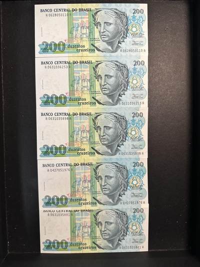 蒂克钱币-第51场 外国平价纸币最后一场 - 巴西1990年版200克鲁塞罗纸币 5枚 全新UNC