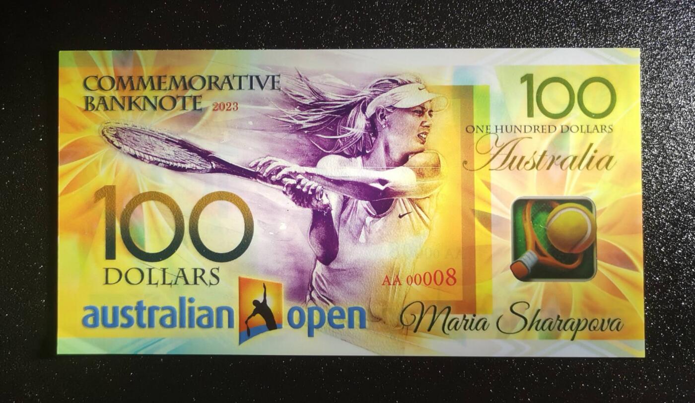《艾美收藏》第224期-12.14周日外币超白金场 莎拉波娃2023年澳网纪念钞AA冠100元UNC超靓00008号 左下角极轻微压痕