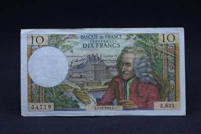 【淘币小摊】限时拍第八百二十八拍  纸币场  满百包邮可预留两周  周一统一发货  -   法国1972年10法郎纸币【有折】