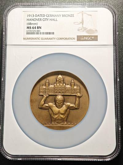 【德藏】世界币章拍卖第157期（拍品征集中~欢迎藏友联系） - 冠军分! 1913年 德国汉诺威市政厅大楼高浮雕68mm纪念大铜章 NGC MS64BN 设计立体感极强 少见品种