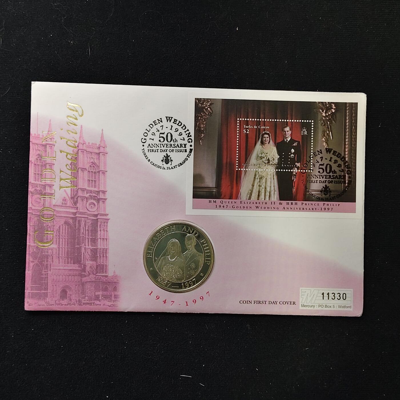 【全场包邮】纯粹捡漏拍485场（免费代拍第22场） 【邮币封】特克斯和凯克斯群岛1997年5克朗女王金婚克朗型纪念币邮币封