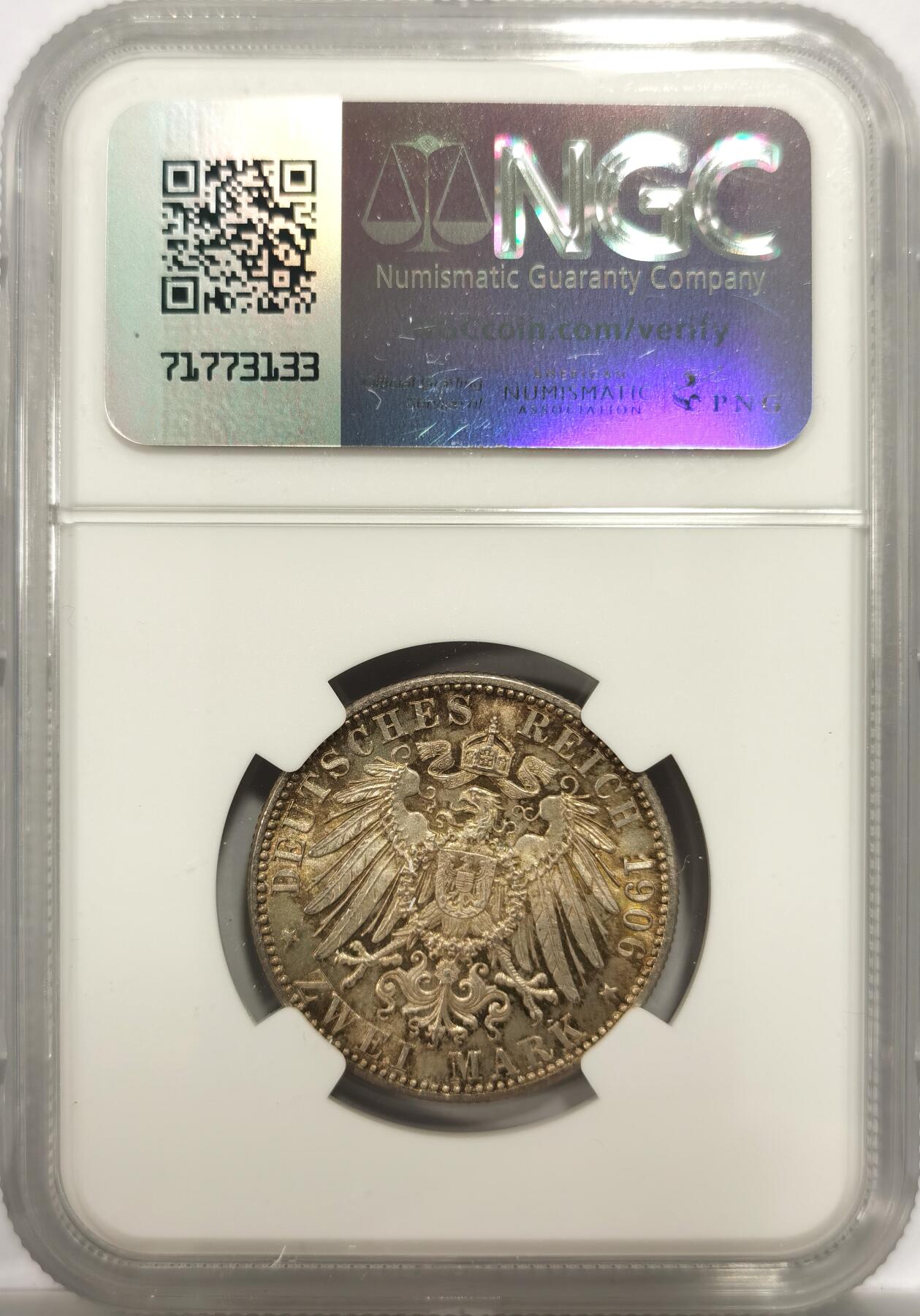博洋堂世界钱币拍卖第151期（全场包邮） NGC MS64 德国巴登1906年金婚2马克银币，淡金包浆！
