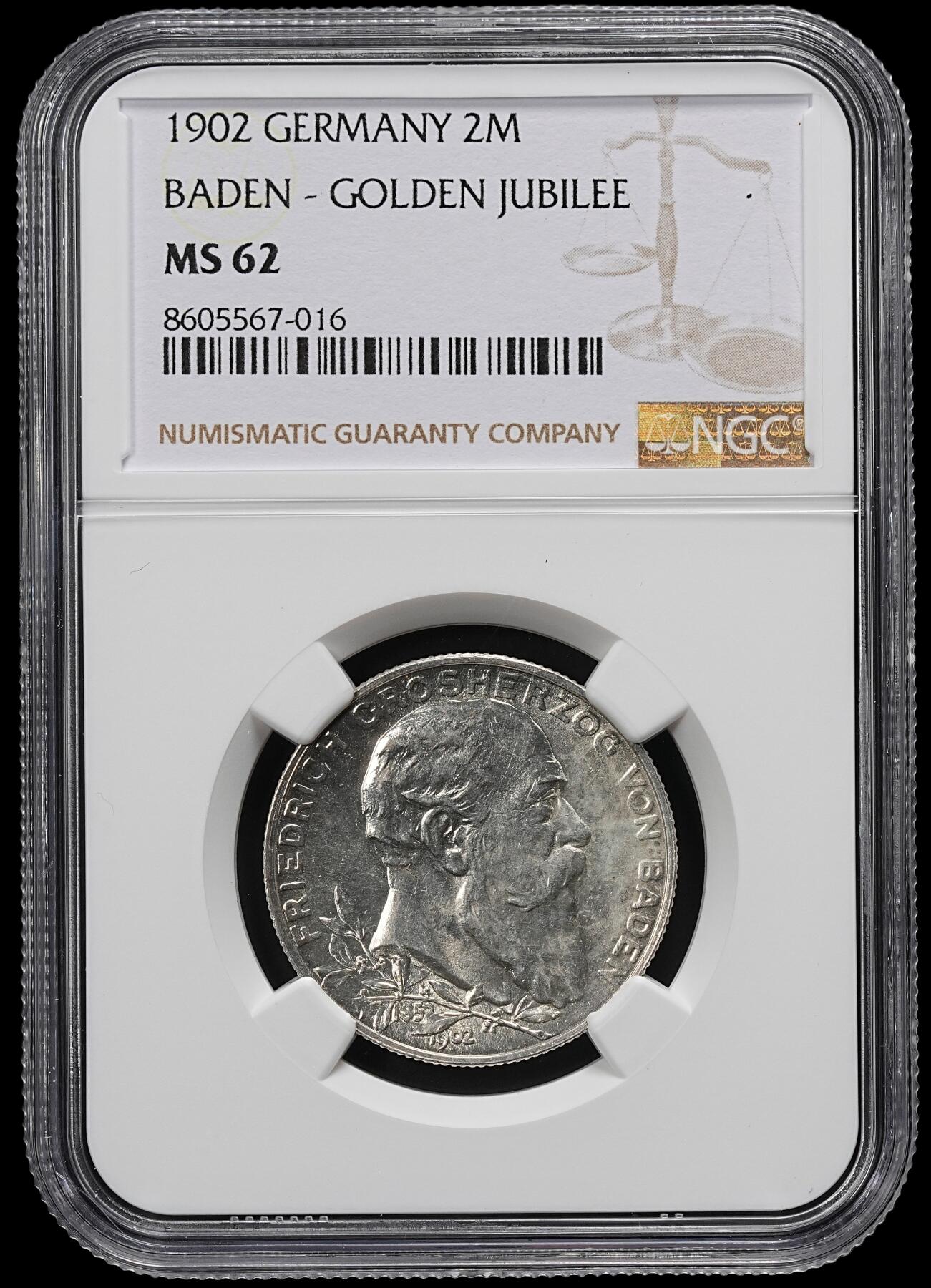 修遠堂世界钱币第九十七期 NGC MS62 1902年巴登国王登基50周年纪念2马克银币