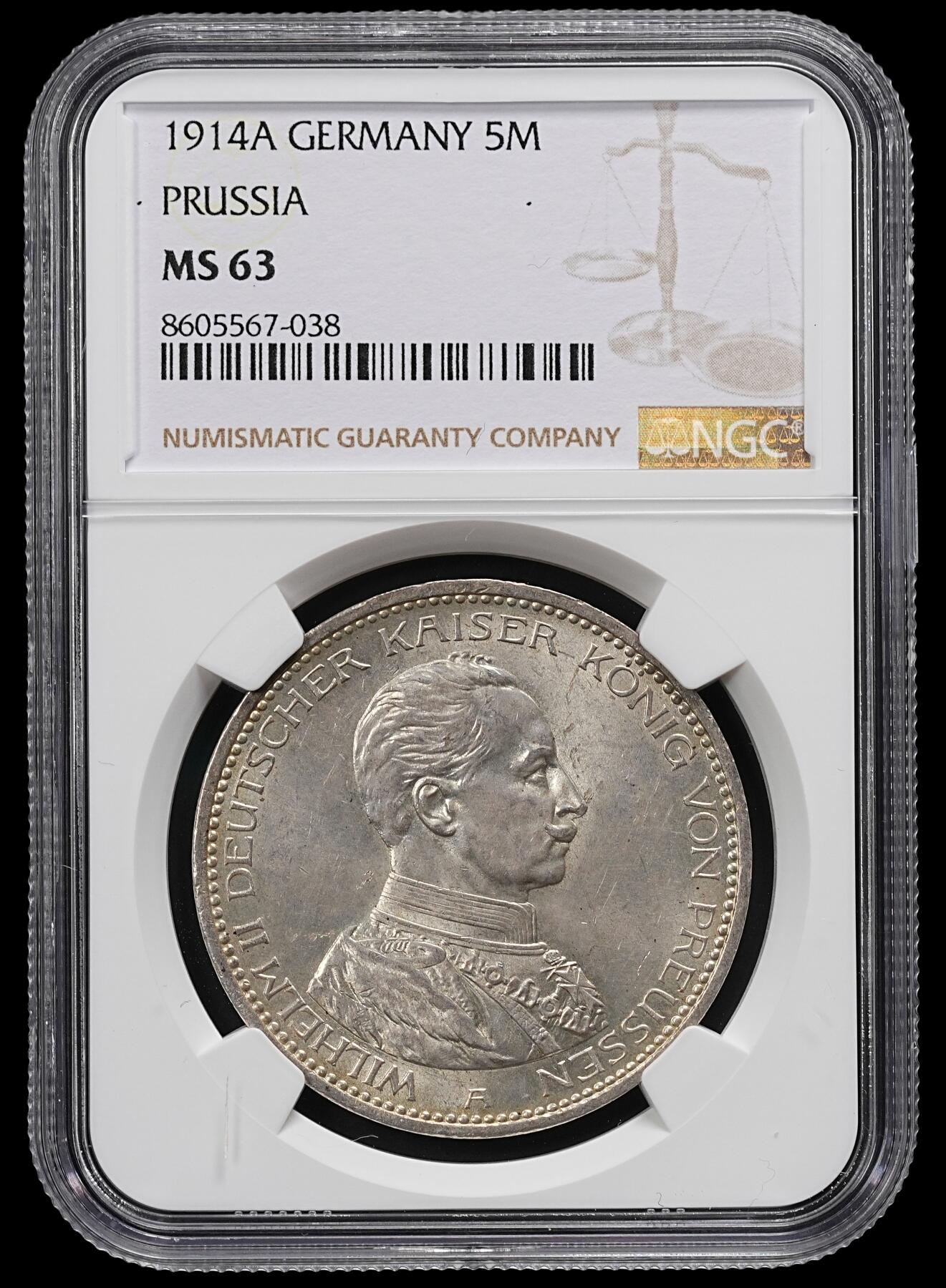 修遠堂世界钱币第九十七期 NGC MS63 1914年普鲁士威廉二世军装5马克大银币 流通版马克MS少见 MS63书价400美金